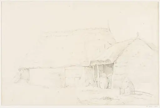 A thatched barn and shelter, by Thomas Sidney Cooper