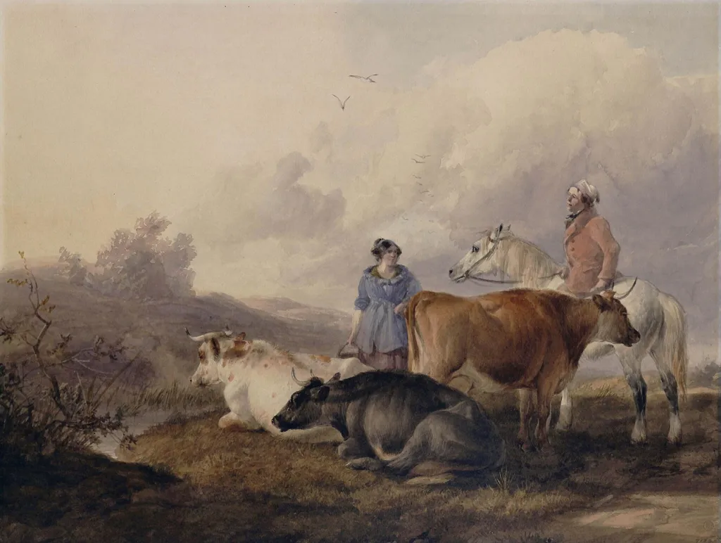 Cattle and Milkmaid, by Thomas Sidney Cooper, watercolor, 1850