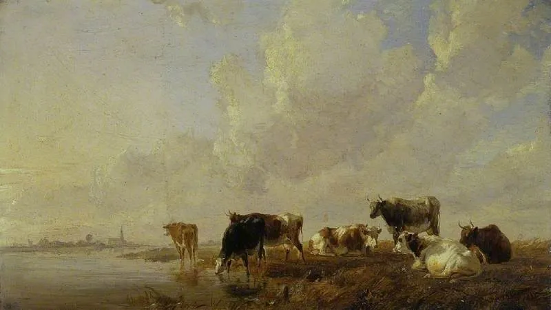 Cattle by a river, by Thomas Sidney Cooper, oil, 1835