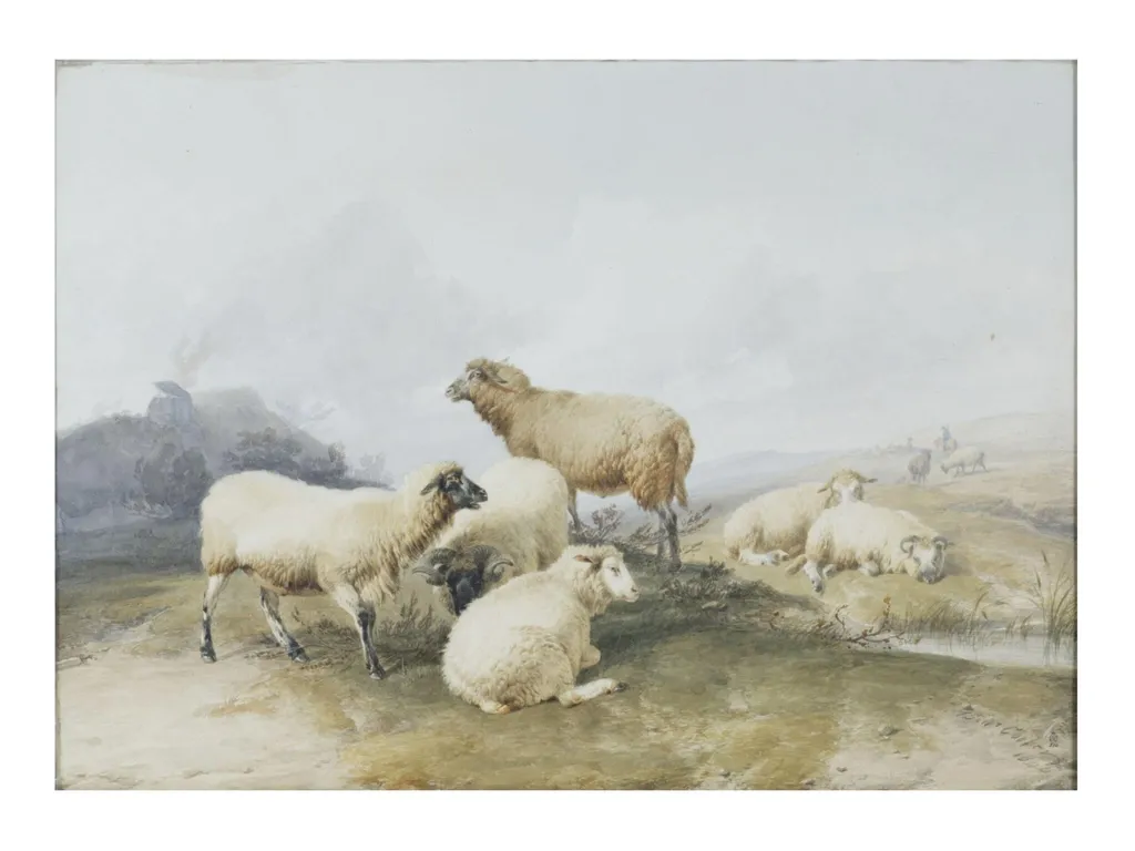 Sheep in a Landscape, by Thomas Sidney Cooper, watercolor, 1844