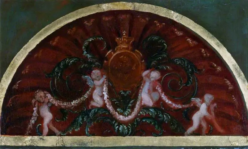 Lunette Sketch of Cupids Supporting an Escutcheon of the Prince of Wales for a Wall Decoration, by Thomas Stothard