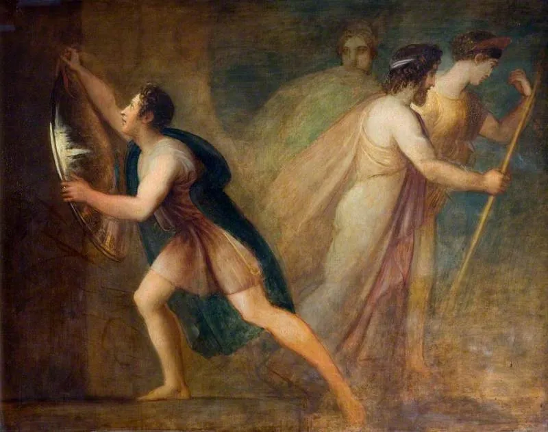 Orestes Hanging up the Shield of Agamemnon, by Thomas Stothard, oil, 1804