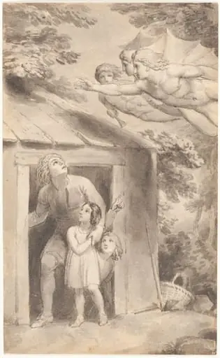 Peter and His Children Visited by Three Flying Figures, by Thomas Stothard