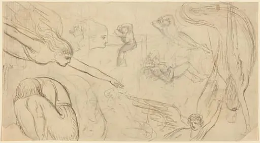 Sheet of Studies with Angels and Cowering Figures (Illustration for Macklin's Bible?), by Thomas Stothard