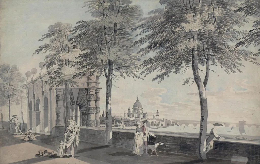 York Stairs, the Thames, Blackfriars Bridge and St. Paul's Cathedral, by Thomas Theodosius Forrest, watercolor, 1760