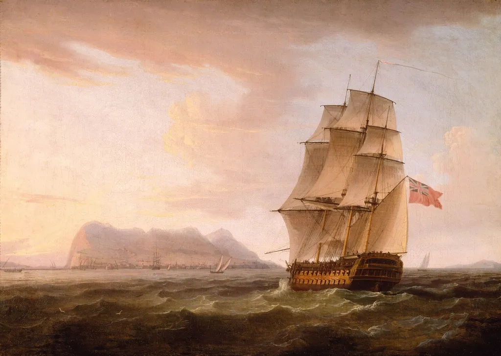 A British Man of War before the Rock of Gibraltar., by Thomas Whitcombe, oil, 1803