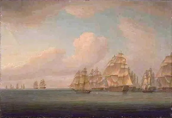 Allemand's French squadron in pursuit of a British conovy, 1805, by Thomas Whitcombe