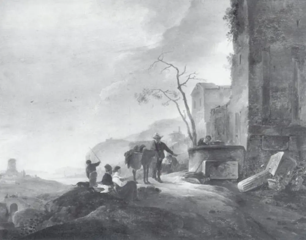 Italian Landscape with Figures at a Fountain among Antique Ruins, by Thomas Wijck