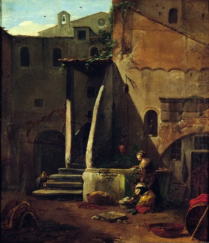 Laundresses in the courtyard, by Thomas Wijck, oil, 1656