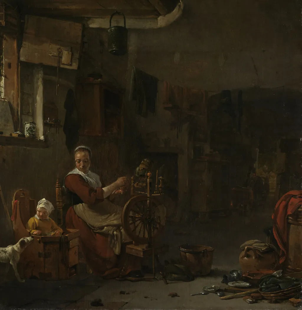 Peasant woman spinning, by Thomas Wijck, oil, 1650