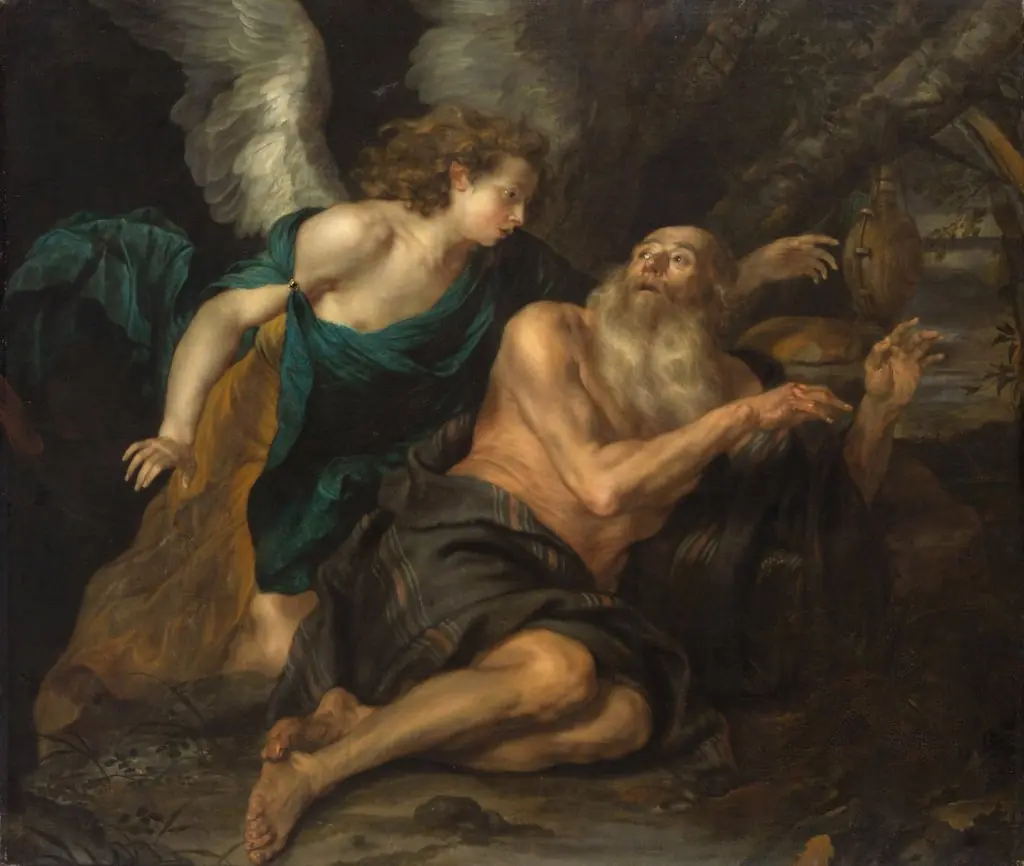 The prophet  Elijah awakened by the angel on Mount Horeb (I Kings 19:5-6), by Thomas Willeboirts Bosschaert
