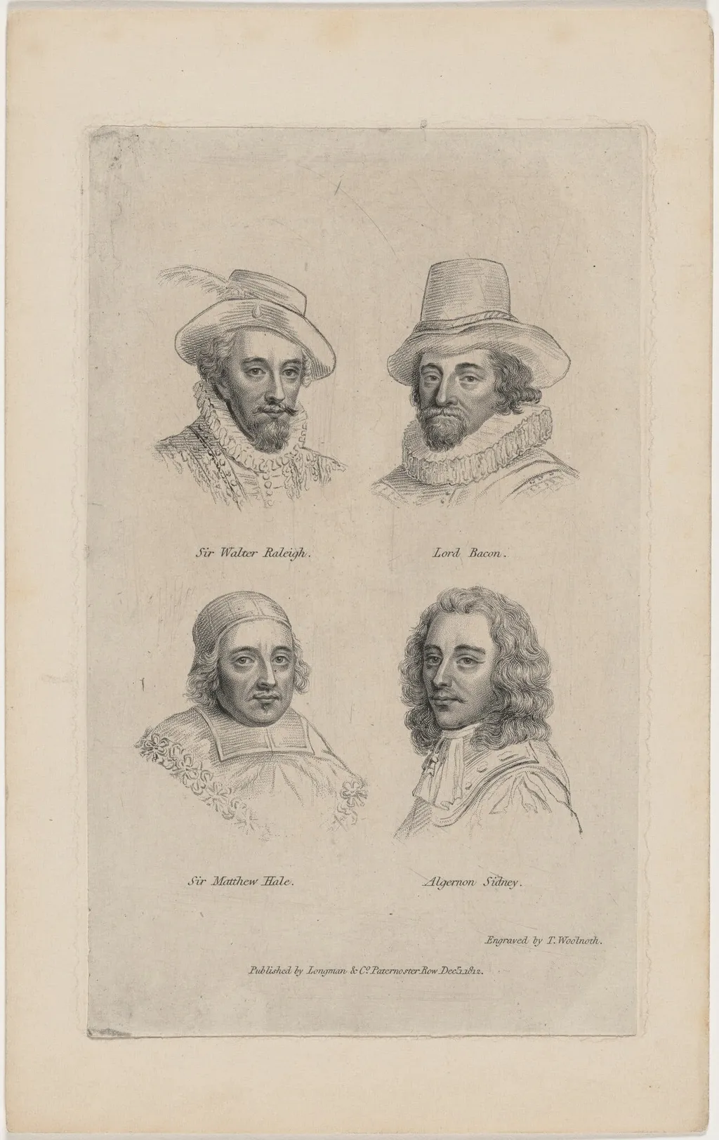 Portraits of Sir Walter Raleigh, Lord Bacon, Algernon Sidney, and Sir Matthew Hale, by Thomas Woolnoth, 1821