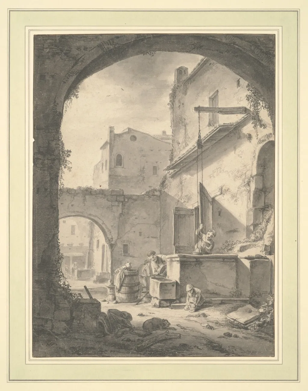 View into a Courtyard with a Family at a Well, by Thomas Wyck, ink, 1664