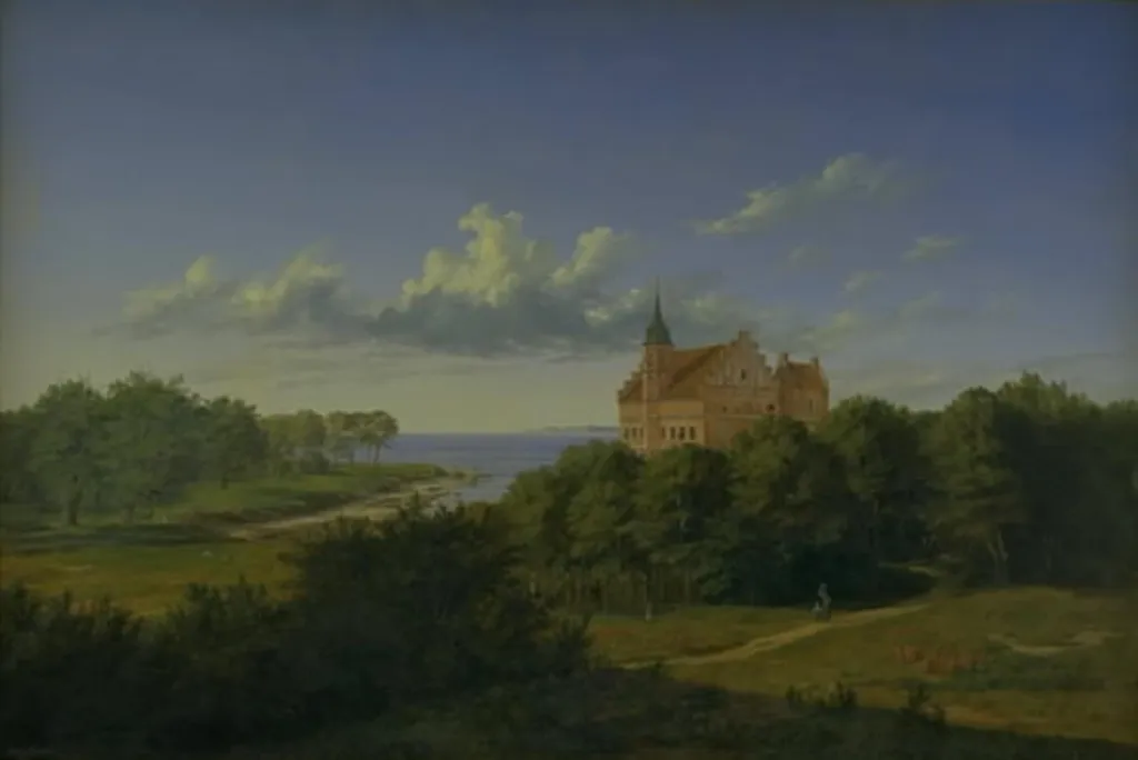 Et landskab med en herregård. Komposition, by Thorald Læssøe, oil, 1840