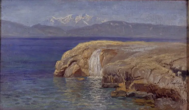 Klippekyst med vandfald på Eubøa, by Thorvald Niss