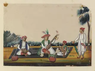 Three seated musicians and an onlooker