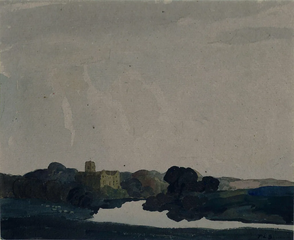 Odell Castle on the Ouse, by Thurston Laidlaw Shoosmith, watercolor, 1910