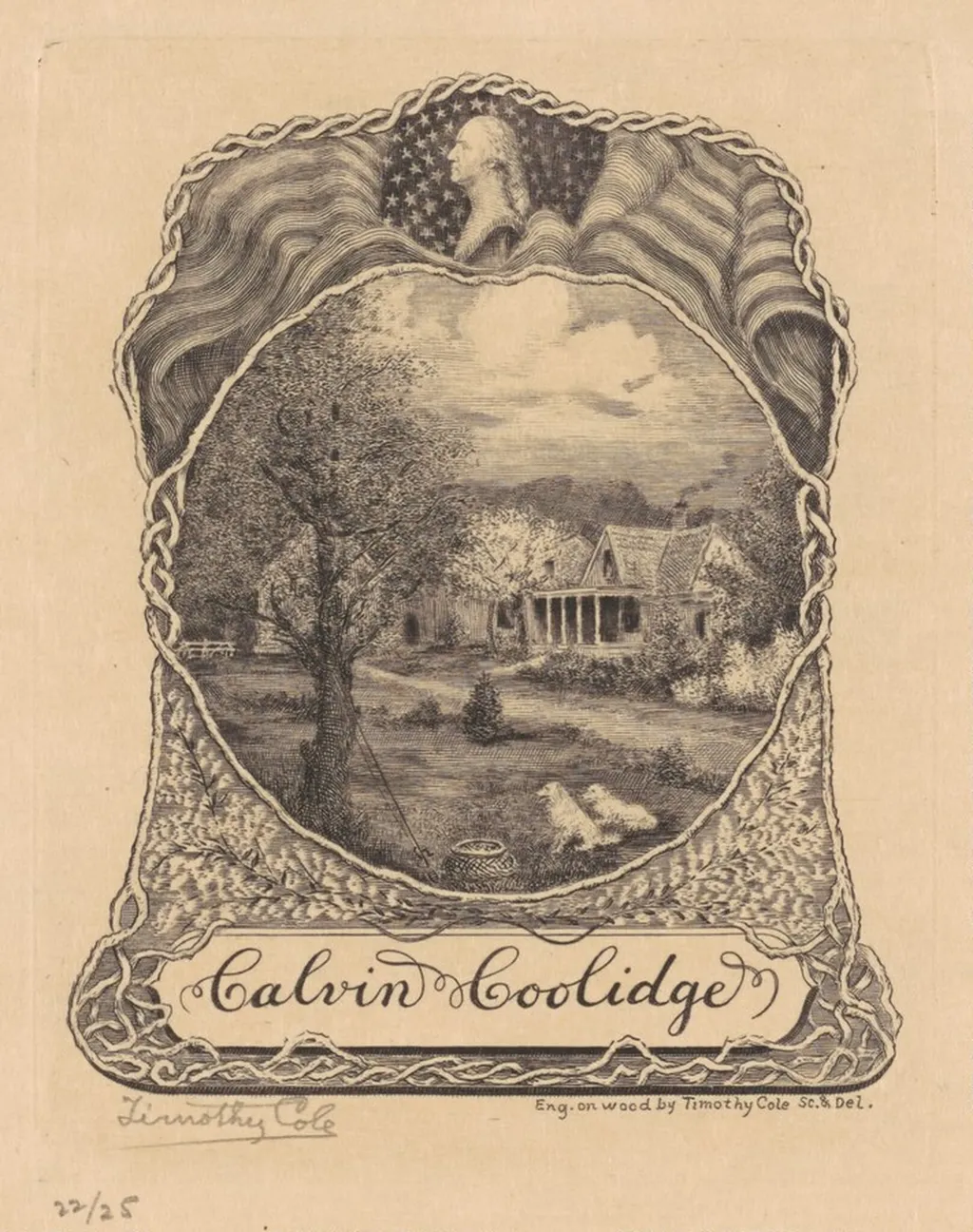Bookplate for Calvin Coolidge, by Timothy Cole, ink, 1928