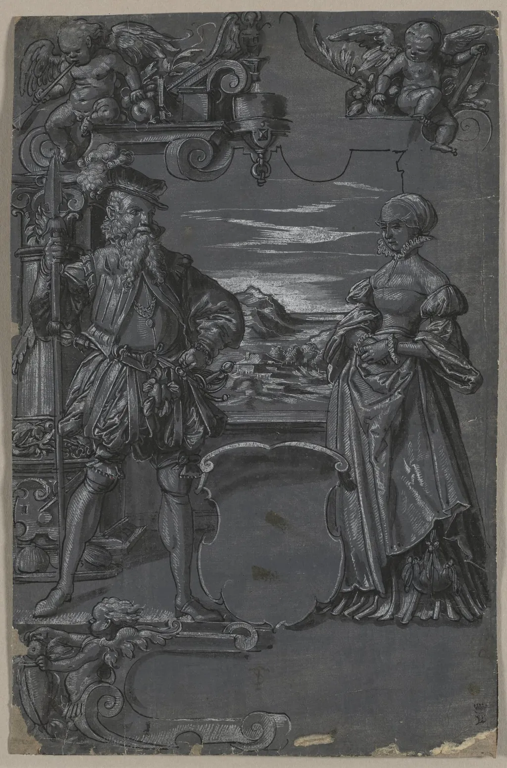 Design for Glass Painting: Man and Woman in Architectural Setting, by Tobias Stimmer, 1504