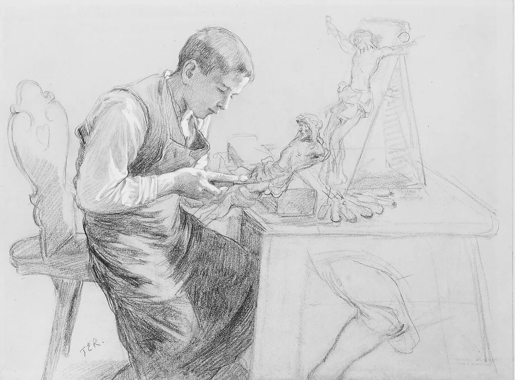 Study of a Boy Carving a Crucifix, by Toby E. Rosenthal, gouache, 1908