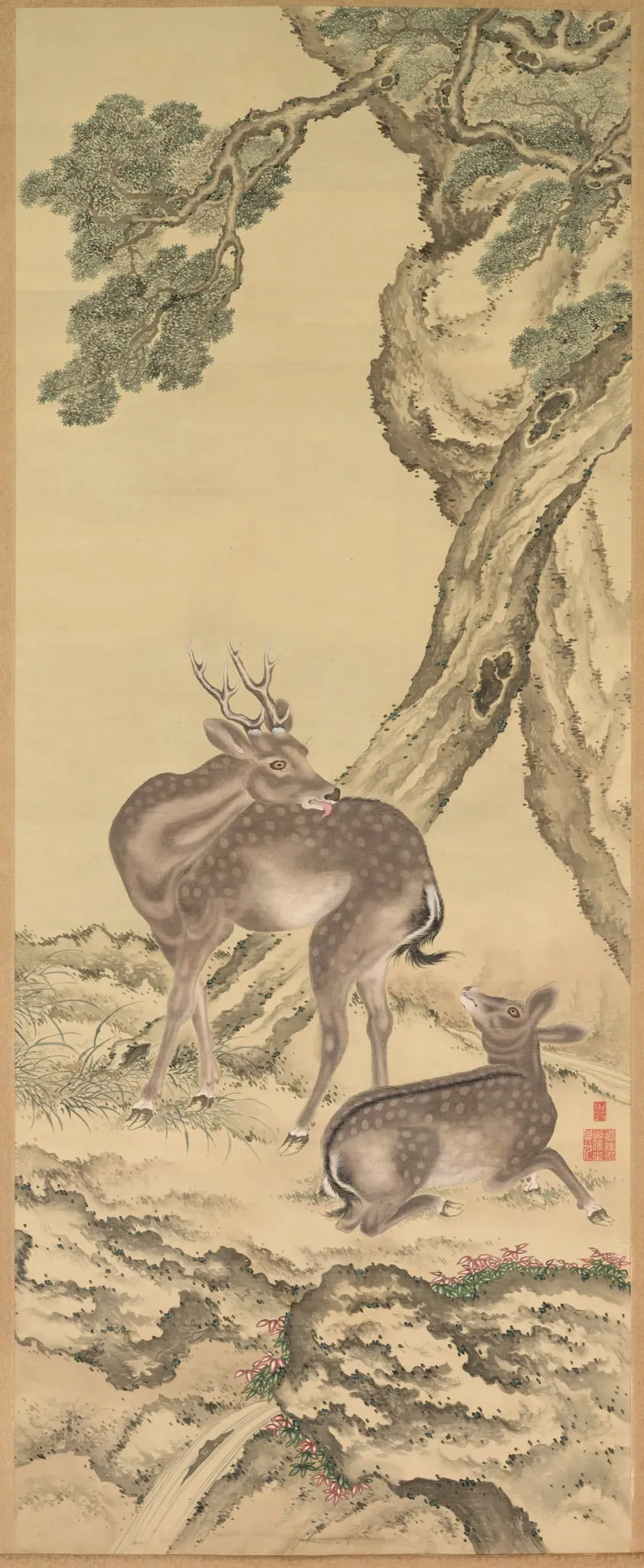 Symbols of Longevity: Deer under Peach and Pine (Peach) (left), by Toda Tadanaka, unspecified, 1801