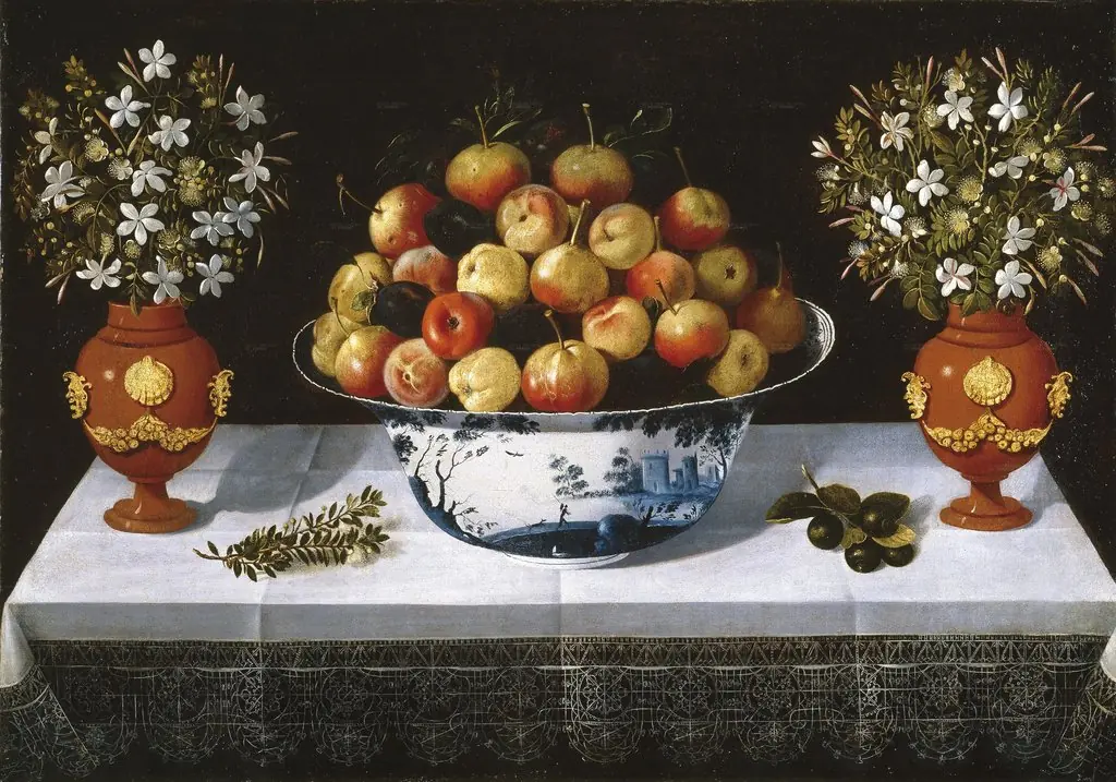 Delft Fruit Bowl and two Vases of Flowers, by Tomás Yepes