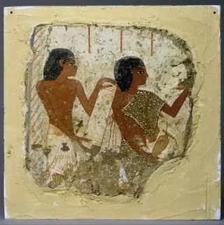 Tomb painting depicting two priests, one holding a papyrus roll and the other a vase for libations (...