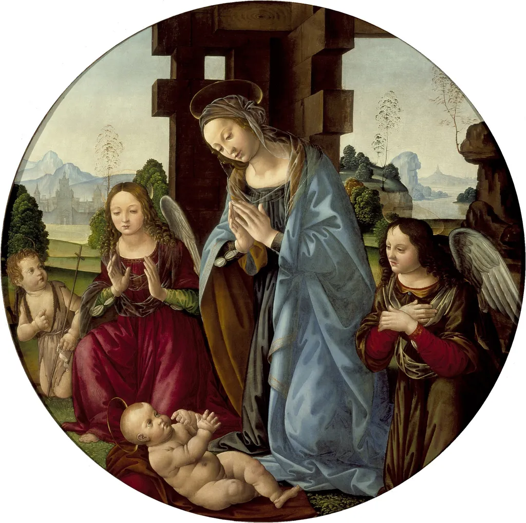 Virgin Adoring the Christ Child with St. John the Baptist and Two Angels, by Tommaso Lunetti, oil, 1510