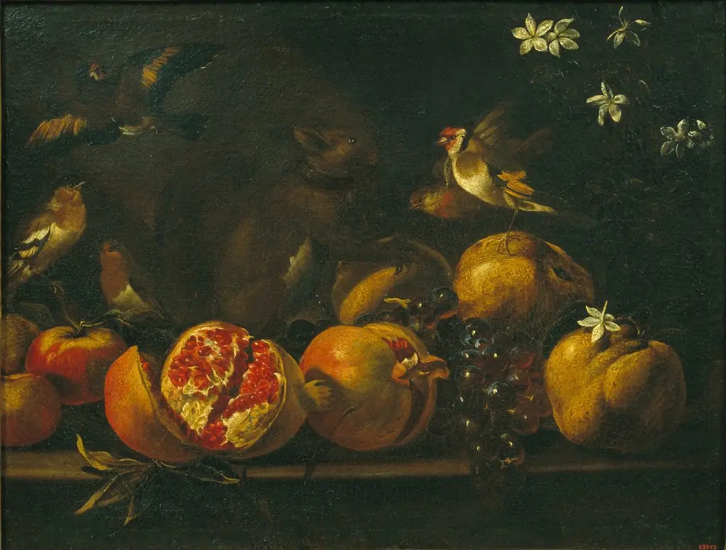 Still Life with Pomegranates, Grapes, Birds and a Squirrel, by Tommaso Realfonso