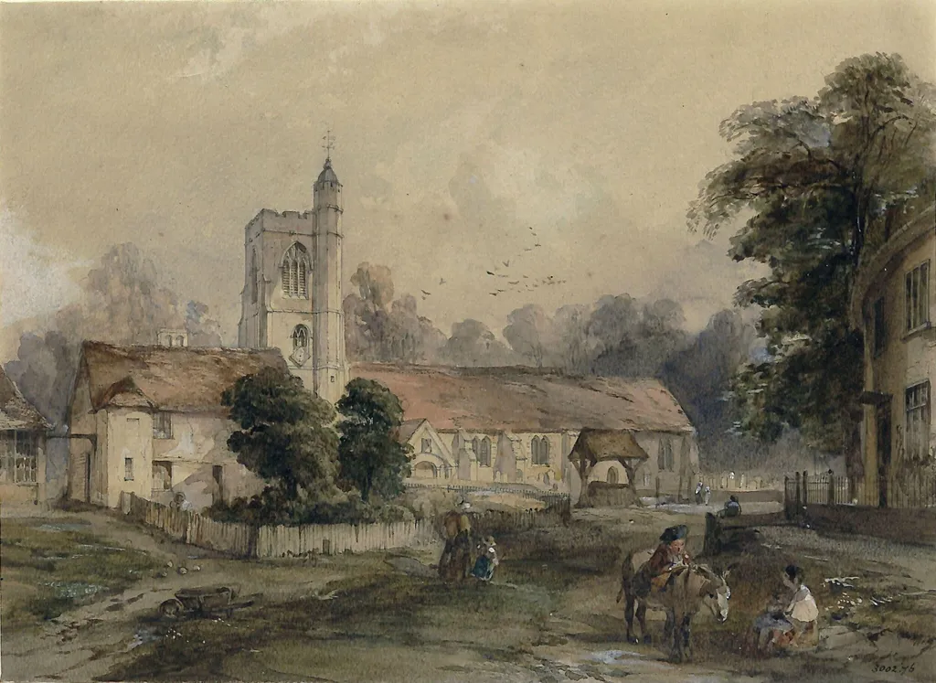South Weald Church, Essex, by Topham, watercolor, 1830