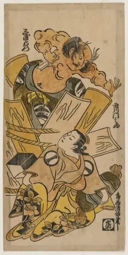 Ichikawa Monnosuke as a Courtesan and Nakajima Mioemon Bursting Out of a Barrel, by Torii Kiyomasu I