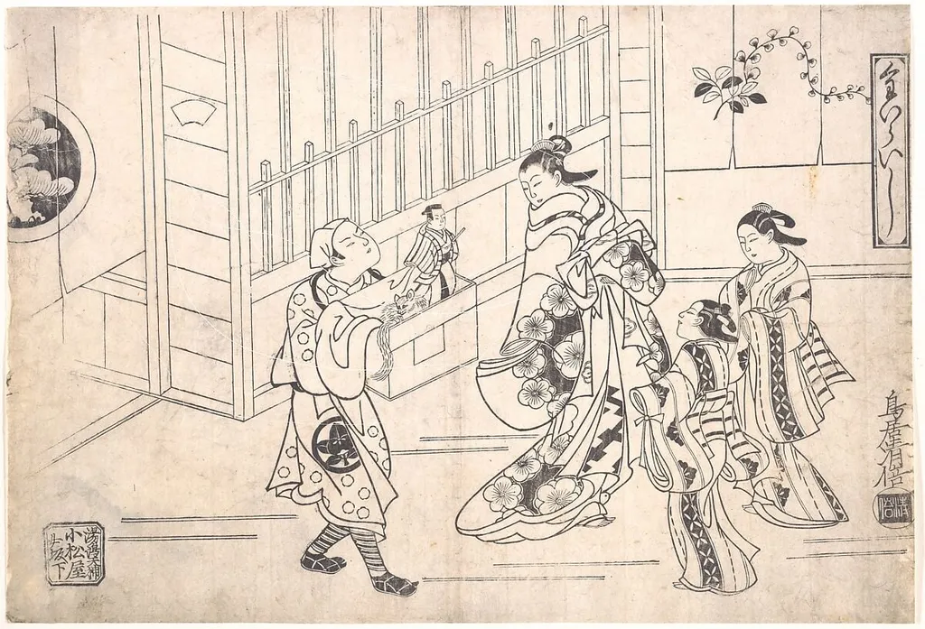 Kairaishi|The Actor Ichimura Takenojo VIII in the Role of a Puppeteer, showing Puppets to a Courtesan, by Torii Kiyomasu I, ink, 1715