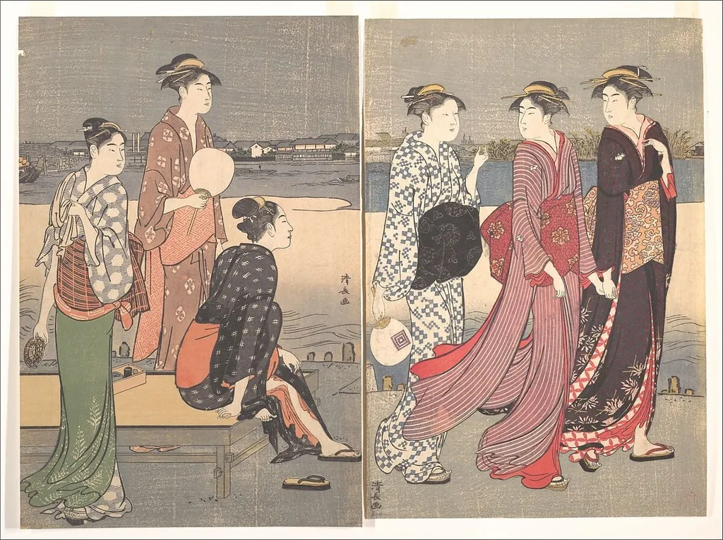 鳥居清長画 大川端の夕涼み|Enjoying the Evening Cool on the Banks of the Sumida River, by Torii Kiyonaga, ink, 1784