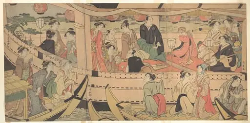 三俳優隅田川船遊び|Sumida River Holiday, by Torii Kiyonaga