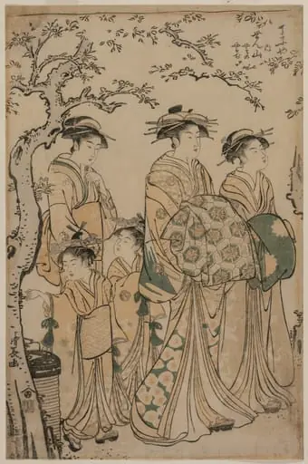 The Courtesan Senzan of Chojiya Strolling with her Kamuro Yasono and Yasoji and Two Shinzo, by Torii Kiyonaga