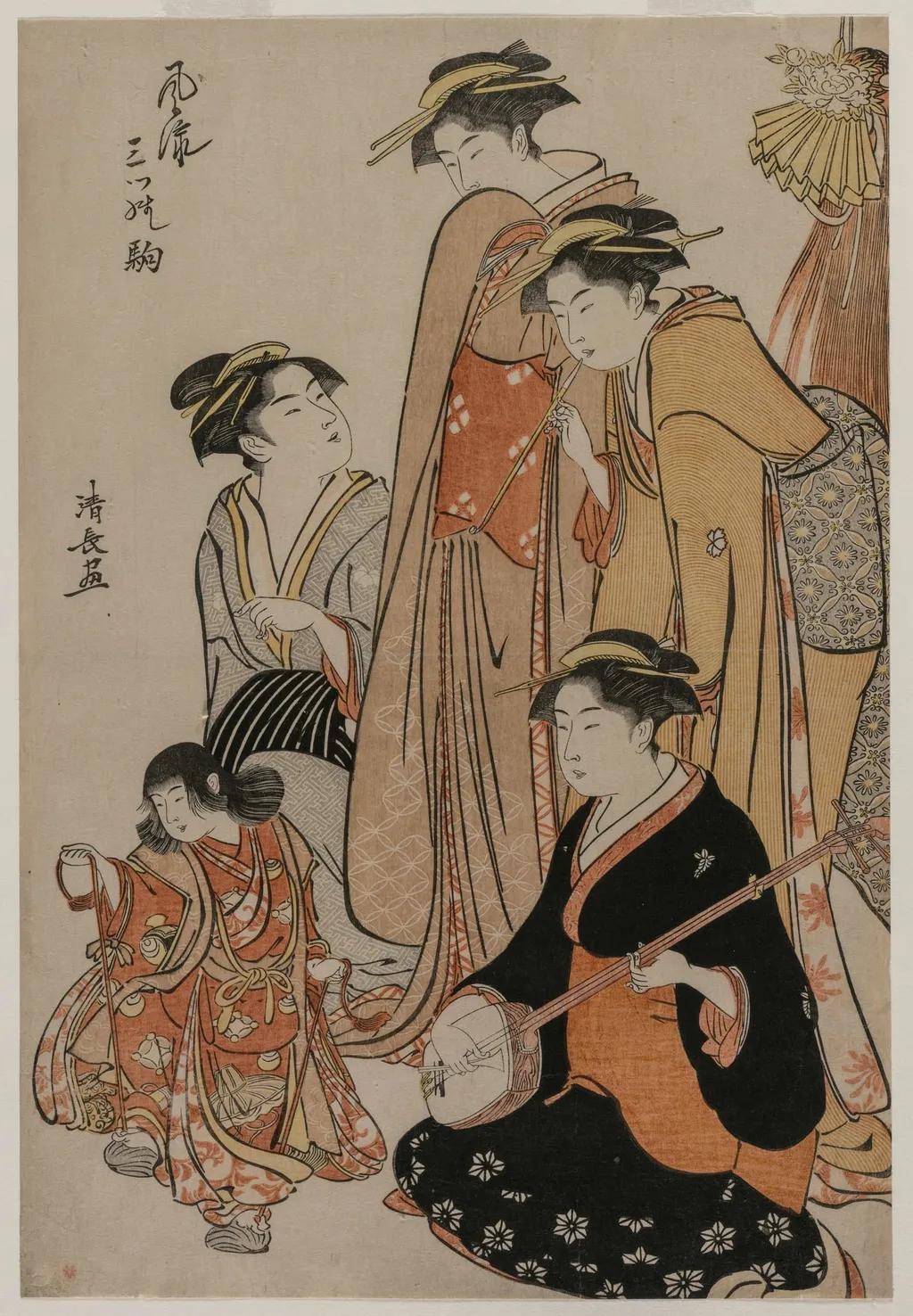 Women Watching a Girl Dance on Shells (From the series Fashionable Presentations of Three Horses), by Torii Kiyonaga, 1784