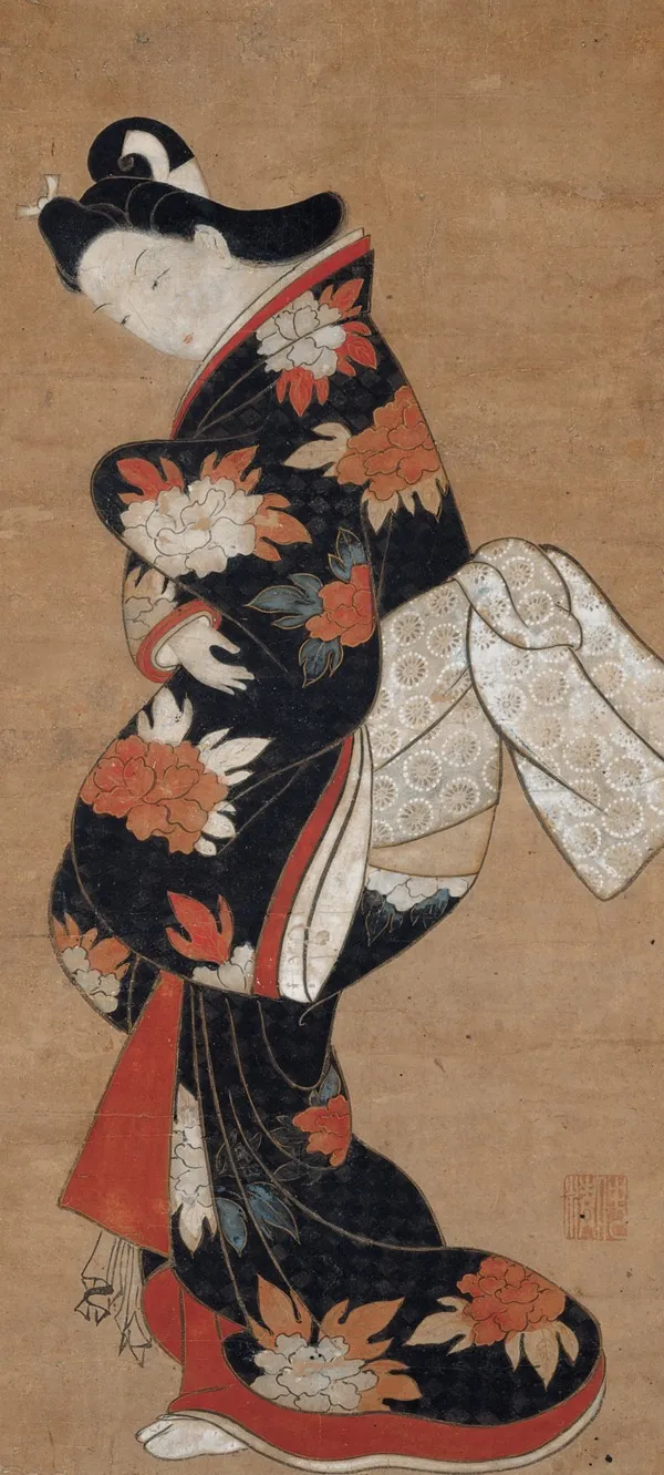 Beauty in a Black Kimono, by Torii Kiyonobu, unspecified, 1710