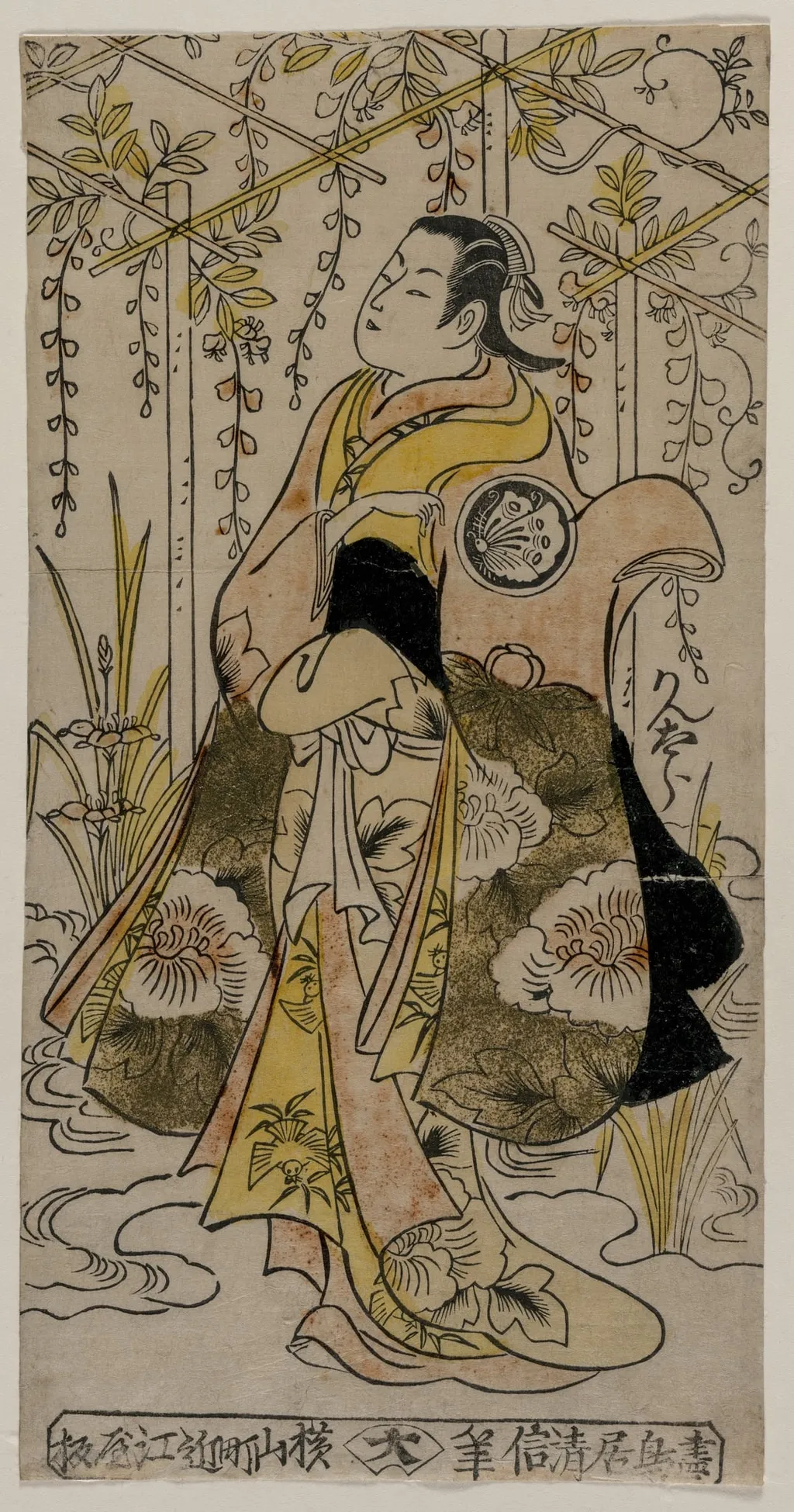 Sanjo Kantaro as a Young Woman Standing in a Wisteria Arbor, by Torii Kiyonobu