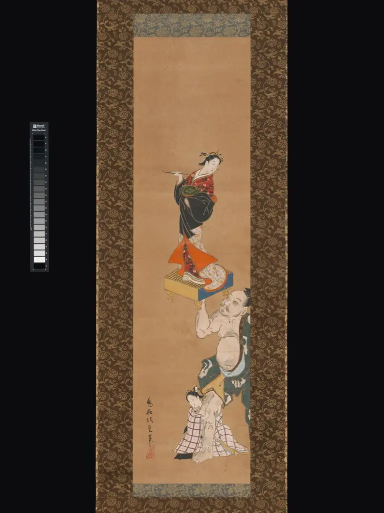 The Warrior Asahina Yoshihide Lifting a Puppet of a Courtesan on a Go Board, by Torii Kiyoshige