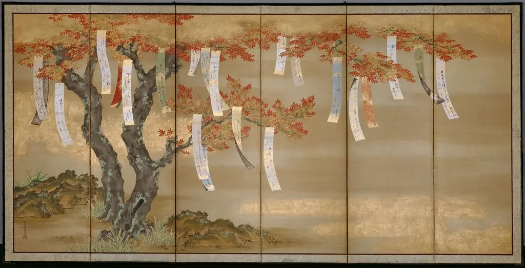 Autumn Maples with Poem Slips, by Tosa Mitsuoki