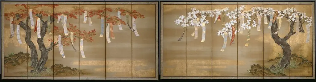 Flowering Cherry and Autumn Maples with Poem Slips, by Tosa Mitsuoki