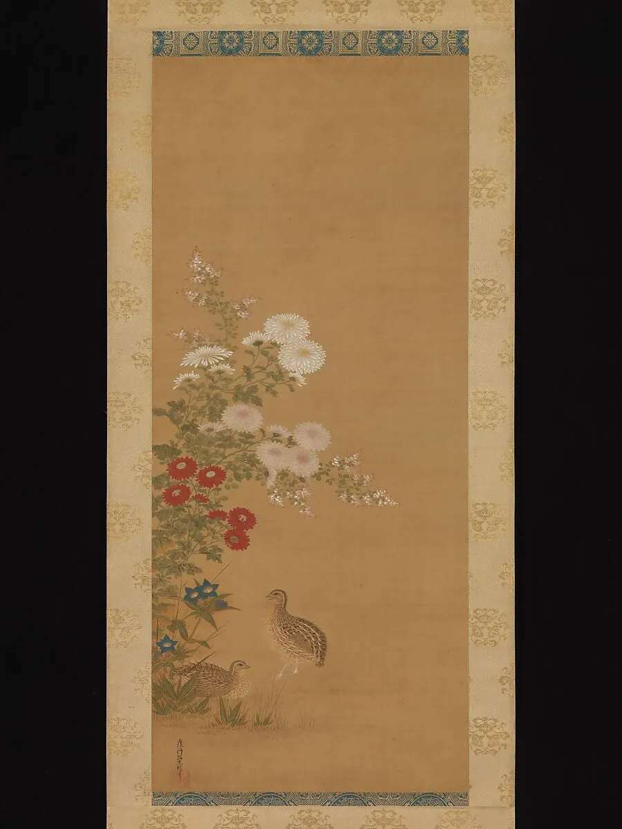 秋の花に鶉図|Quail and Autumn Flowers, by Tosa Mitsuoki, ink, 1683