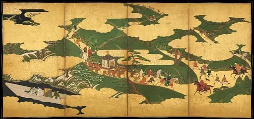 源氏物語図屏風「御幸」・「浮船」・「関谷」|“An Imperial Excursion” (Miyuki), “A Boat Cast Adrift” (Ukifune), and “The Barrier Gate” (Sekiya), by Tosa Mitsuyoshi