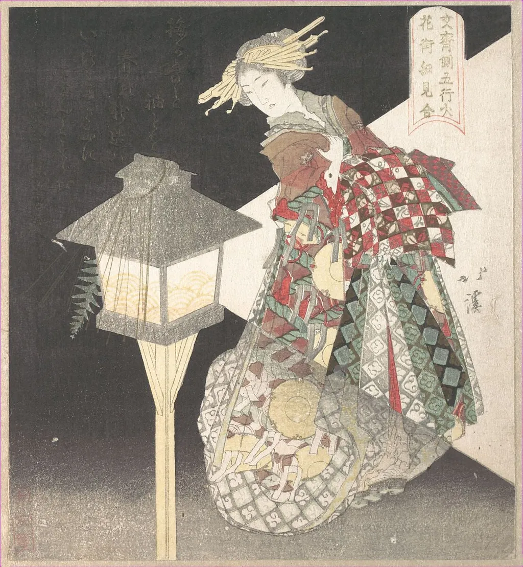 「文齊側五行火 花街細見合」|Courtesan by a Lantern, “Fire,” from the series Five Elements for the Bunsai Poetry Group, a Guide to the Yoshiwara Pleasure Quarters, by Totoya Hokkei, ink, 1820