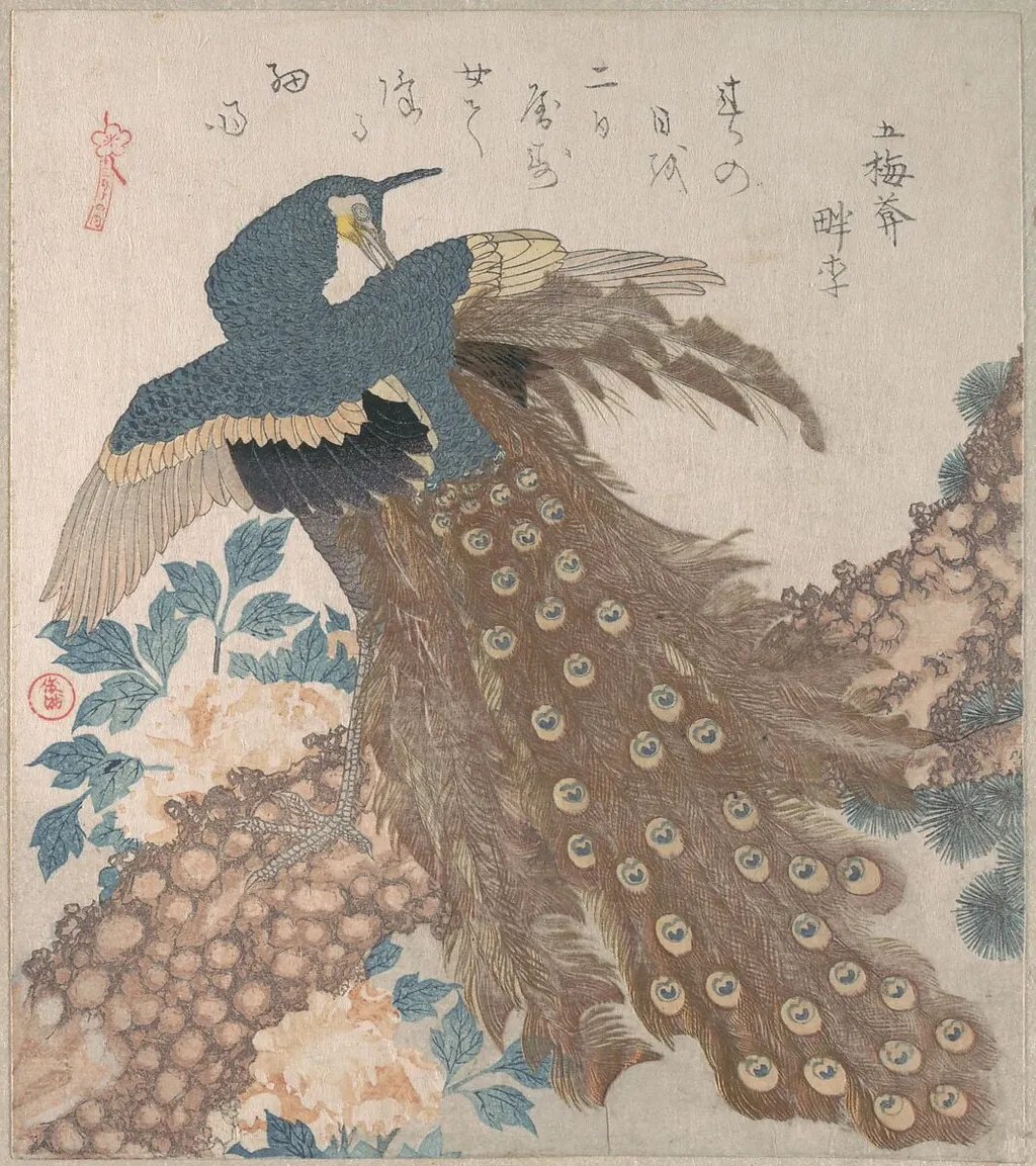 「三ひらの内」松・牡丹に孔雀|Peacock on Pine Tree and Peonies, from the series Three Sheets (Mihira no uchi), by Totoya Hokkei, ink, 1814