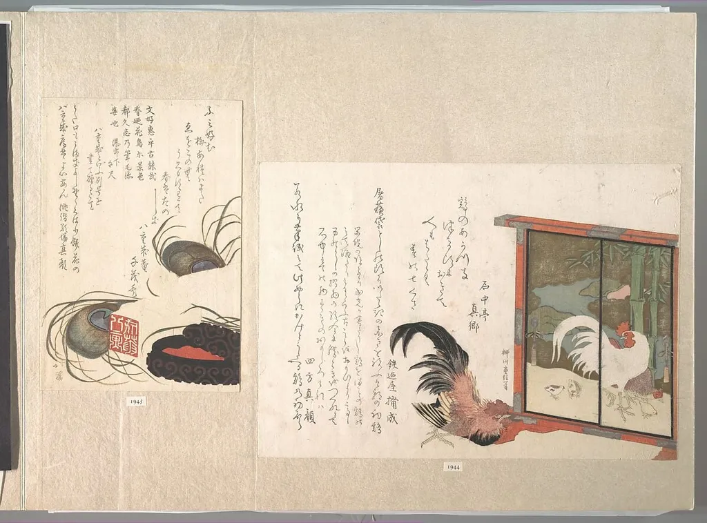 印鑑と朱に孔雀羽根|Seal-stone and Seal-ink with Peacock Feathers, from Spring Rain Surimono Album (Harusame surimono-jō), vol. 1, by Totoya Hokkei, ink, 1817