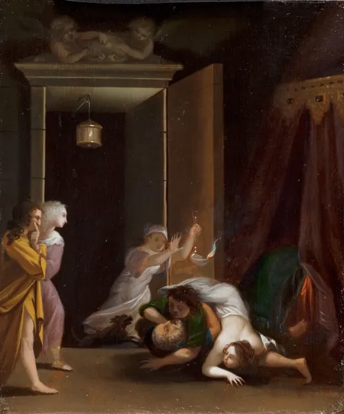 Paris and Helena Surprised by Menelaus, by Toussaint Gelton, oil, 1662