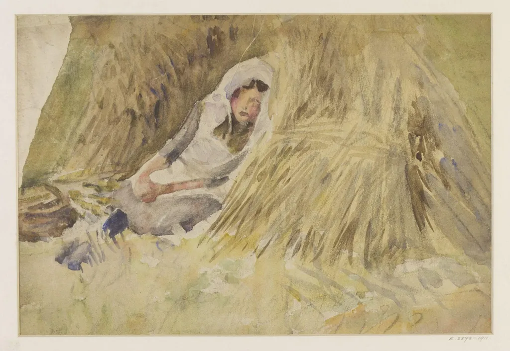 A girl resting against a sheaf of corn, by Townroe, watercolor