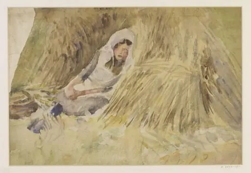 A girl resting against a sheaf of corn, by Townroe