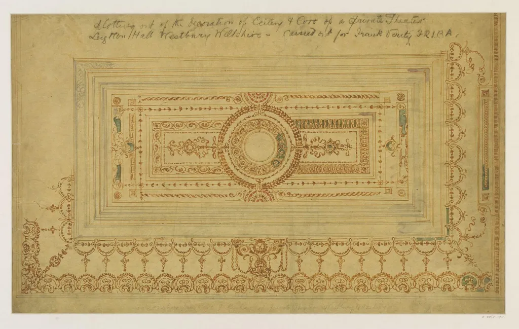 Design for decoration of private theatre at Leighton Hall, by Townroe, watercolor